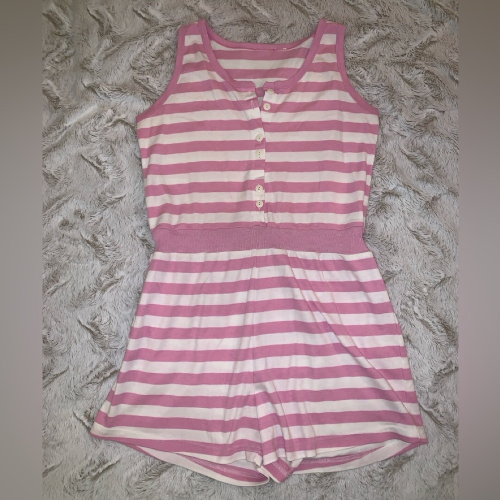 Pink and White Striped Sleeveless Romper